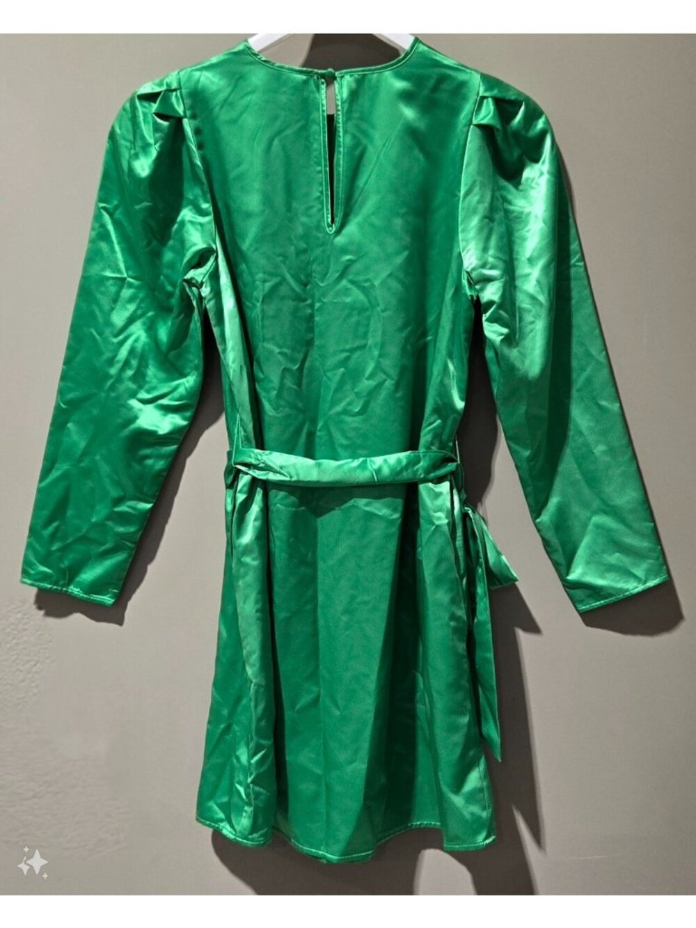 A New Day Balloon Sleeve Green A-Line Satin Mini Dress w/ Belt -- Size XS 0/2 - Picture 5 of 8